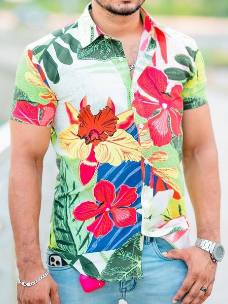 

Shirt Collar Casual Shirts & Tops, Red, Men's Floral shirt