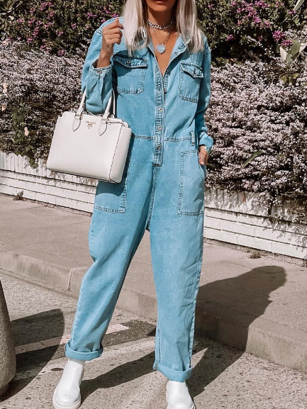 

Casual Shirt Collar Jumpsuit & Romper, Blue, Jumpsuits＆Rompers