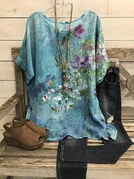 

Floral-Print Casual Crew Neck Tops, Blue, Blouses & Shirts