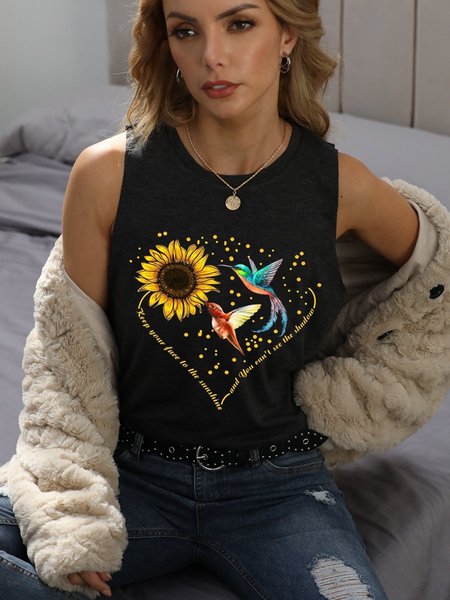 

Hummingbirds Sunflowers Casual Cotton-Blend Shift Short Sleeve Woman Tank, Black, T-shirts