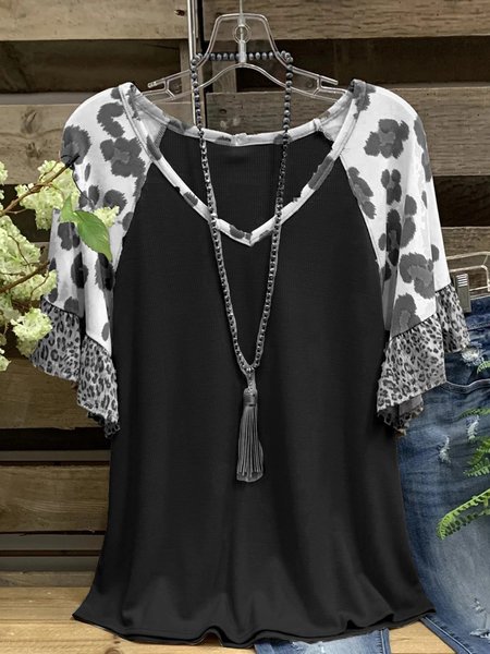 

Casuale Leopardato Leopardo Maniche Corte Camicie & Top, Nero, Tops