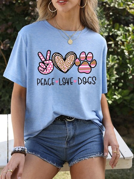 

Peaces Love Dogs Short Sleeve Crew Neck Casual Woman Tee, Blue, T-shirts
