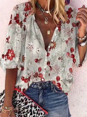 

Long Sleeve V Neck Casual Tops, As picture, Blouses & Shirts