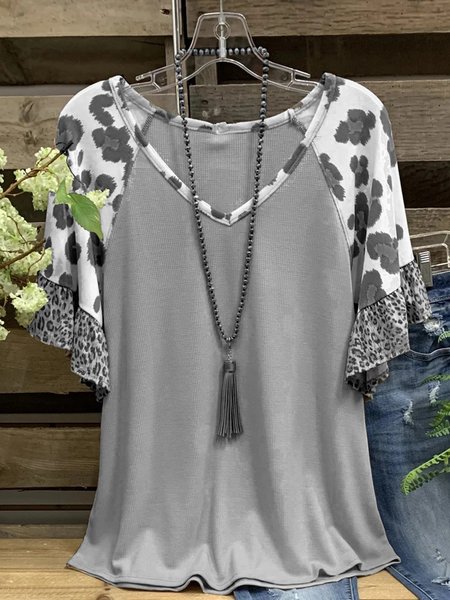 

Scollo a V Leopardo Cotone Maniche Corte Camicie & Top, Grigio, Tops