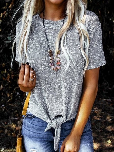 

Vintage Tinta Unita Maniche Corte Girocollo Casuale Top, Grigio, T-Shirts