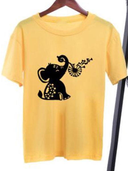 

Vintage Short Sleeve Statement Elephant Dandelion Printed Crew Neck Casual Top, Yellow, Tees & T-shirts