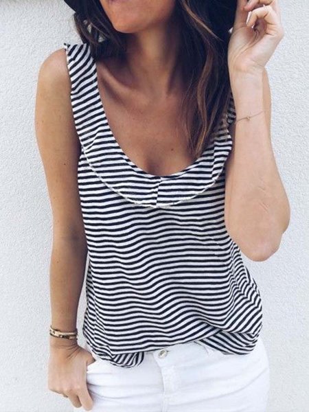 Senza Maniche a Righe Top Misto Cotone, Nero, Tank Top