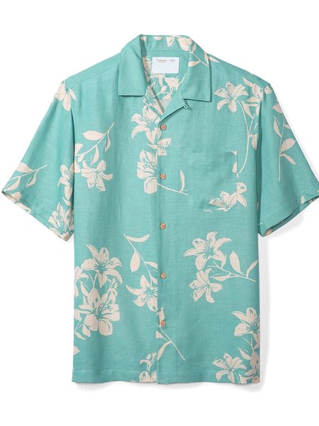 

Linen Tropical Hawaiian Shirt, Light blue, Men's Floral shirt