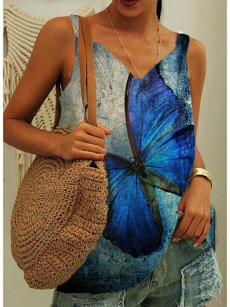 

Da donna Retro Casuale Cotone e Lino Libellula Stampato Top, Blu, Tank Top