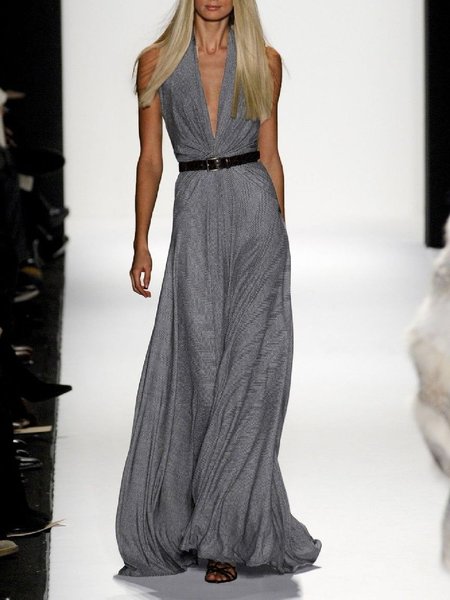 

Abito Cocktail Scollo A V Senza Maniche, Grigio, Maxi Dresses