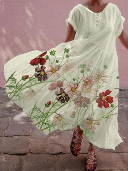 

A-Line Casual Weaving Dress, White, Floral Dresses