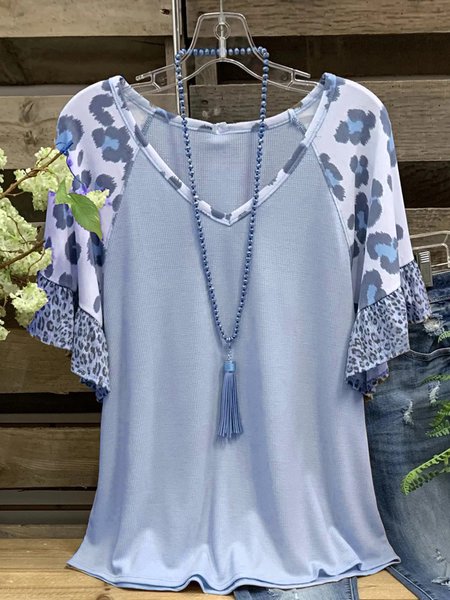 

Scollo a V Casuale Leopardo Camicie & Top Cotone, Blu, Tops
