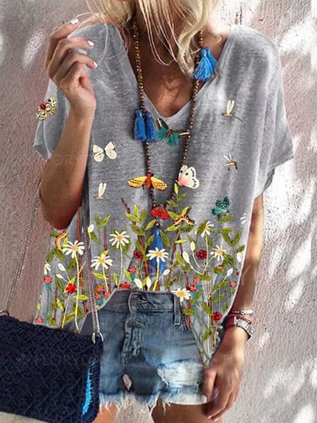 Scollo a V Maniche Corte Camicie & Top, Grigio, Blouses & Shirts