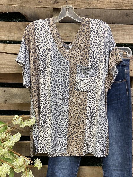 

Leopard Printed Short Sleeve Shirts & Top, Brown, Blouses & Shirts
