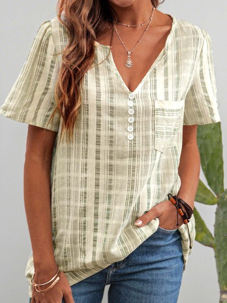 

Scollo a V Casuale Maniche Corte Camicie & Top Cotone, Cachi, T-Shirts