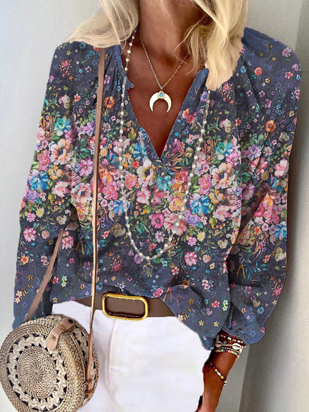 

Plus size Floral Boho V Neck Tops, Purplish blue, Blouses & Shirts