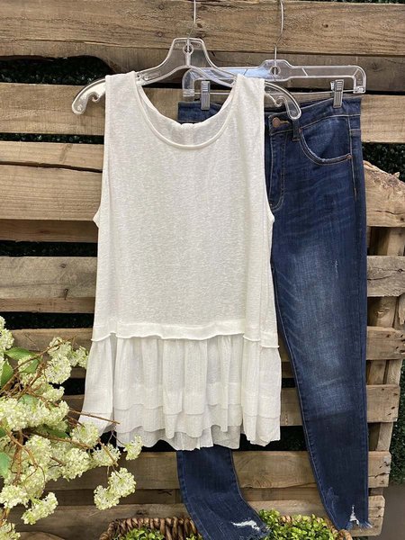 

Crew Neck Vintage Shirts & Top, White, Tank Tops