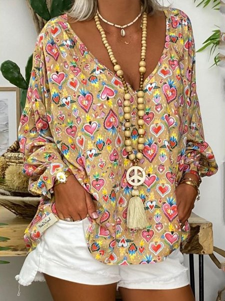 

Casual Long Sleeve Printed V Neck Tops, As picture, Blouses & Shirts