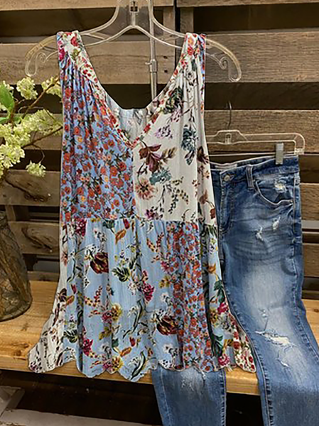 

Plus sizie V Neck Printed Shirts & Tops, Blue, Blouses & Shirts