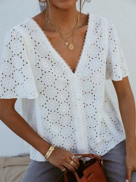 

Floral V Neck Casual Cotton-Blend Tops, White, T-Shirts