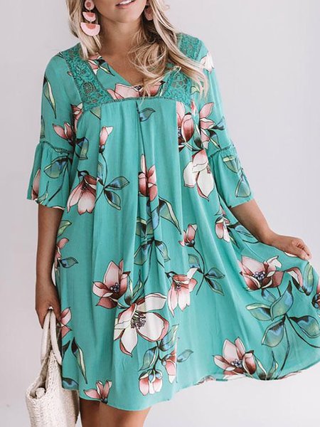 

Holiday Floral-print V-Neck Half Sleeve Weaving Dress, Green, Boho dresses