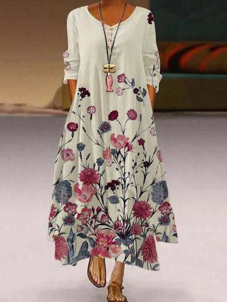 

Floral-Print Crew Neck Casual 3/4 Sleeve Weaving Dress, White, Dresses