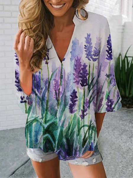 

Floral Half Sleeve Printed Polyester V neck Casual Summer Blue Top, Blouses & Shirts