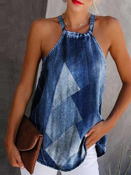 

Casual stitching sleeveless T-shirt, Blue, Tank Tops & Camis