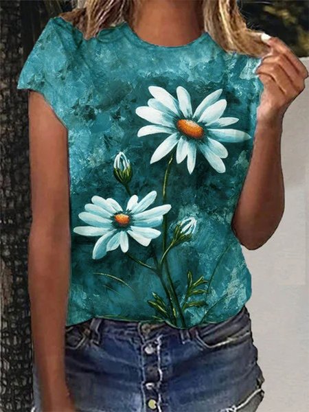 

Women Summer Floral-Print Daily T-Shirts, Green, T-Shirts