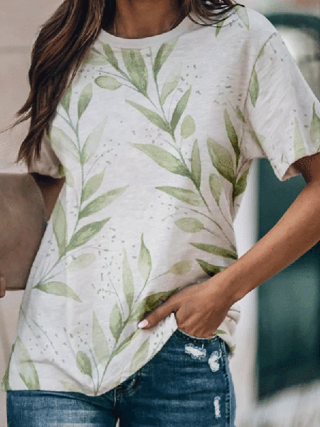 

Crew Neck Floral Print Short Sleeve Shirts & Tops, White, T-Shirts