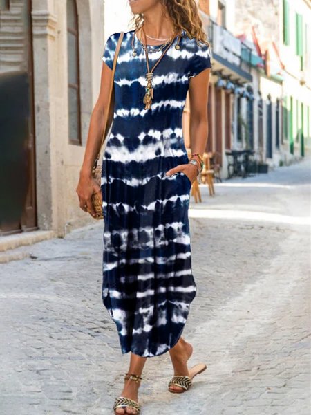 

Maniche Corte Girocollo Gonna Casuale, Blu intenso, Dresses