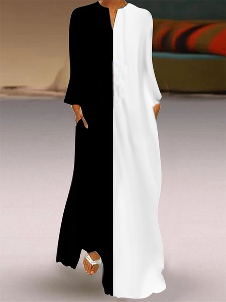 

Colore-block Casuale Scollo a V Maniche Lunghe Abito, Bianco-nero, Maxi Dresses