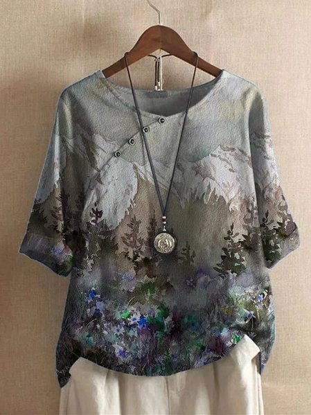 

Landscapes Print Half Sleeve V Neck A-Line Vintage Shirts & Tops, Tan, Blouses & Shirts