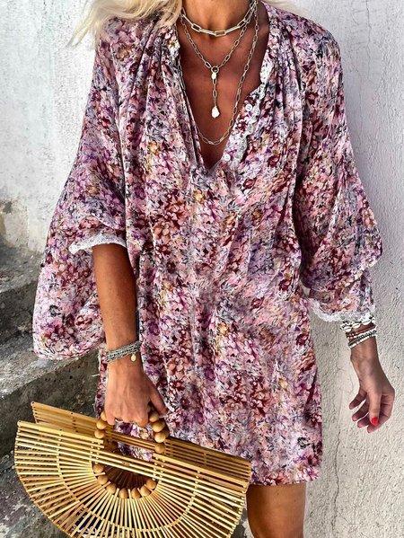

Abito Maniche Lunghe Vacanza Misto Cotone Scollo a V, Rosa, Mini Dresses