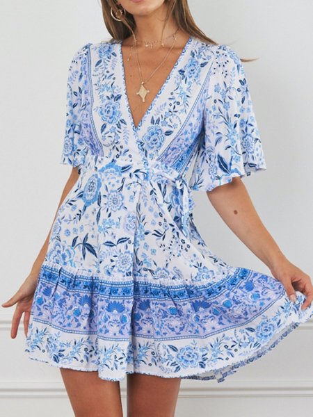 

Boho Frill Sleeve Cotton-Blend Weaving Dress, Light blue, Boho dresses