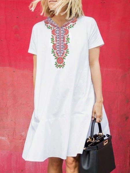 

Crew Neck Casual Short Sleeve Floral Dress, White, Mini Dresses