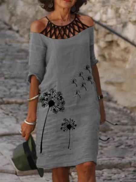 

Vintage Floral Printed Statement Plus Size Short Sleeves Cutout Casual Dresses, Gray 2, Midi Dresses