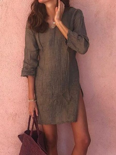 

Casual V Neck Cotton Weaving Dress, As picture, Dresses