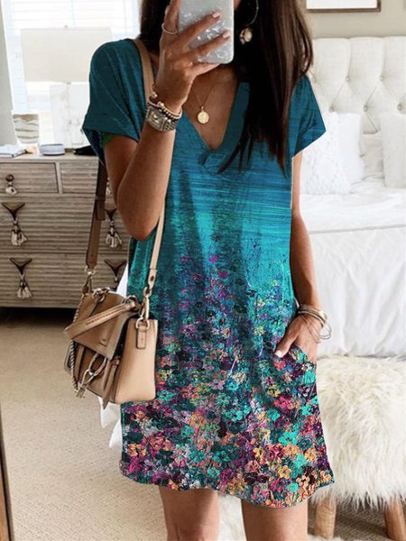 

Abito Ombre/Tintura a nodi Casuale Maniche Corte Scollo a V, Blu, Dresses