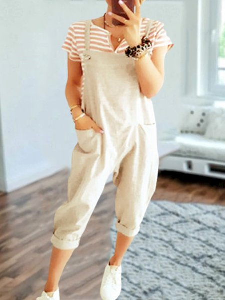 

Vintage Plain Pockets Plus Size Sleeveless Casual Jumpsuits, Apricot, Jumpsuits