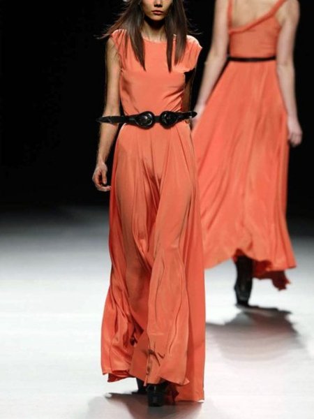 

Vintage Crew Neck Solid Short Sleeve Dresses, Orange, Dresses
