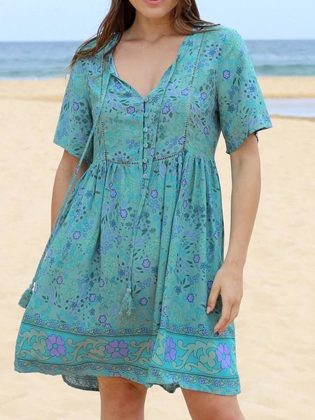 

Tribal Holiday Shift Printed Women Dress, Blue, Mini Dresses