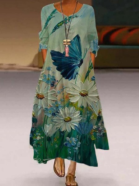 

Casual Floral-print Cotton-Blend 3/4 Sleeve Women Dress, Multicolor, Maxi Dresses