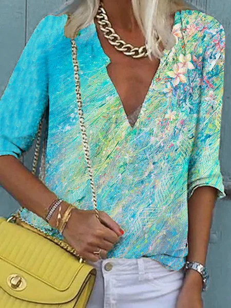 

Plus size Floral V Neck Shirts & Tops, Blue, Tops