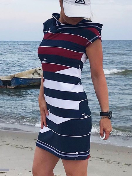 

Casuale Maniche Corte Felpa con Cappuccio Stampato Abito, Blu marino, Dresses