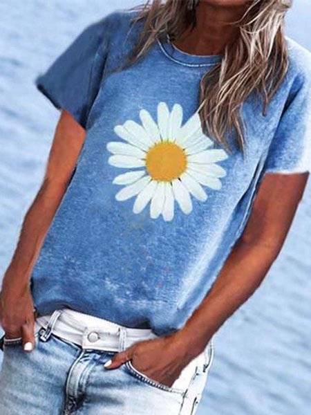 Maniche Corte Girocollo Casuale Dritto Maglietta, Blu, T-Shirts