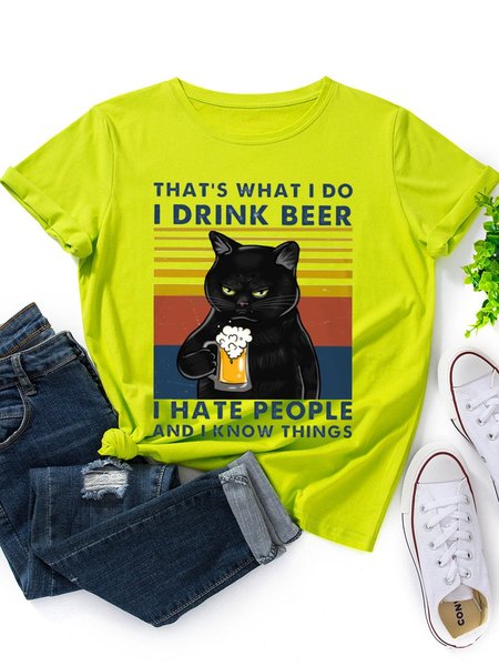 

That's What I Do I Drink Beer I Hate People And I Know Things Cat Graphic Tee, Fluorescent green, T-shirts
