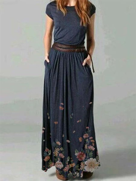 

Casuale Girocollo Misto Cotone Stampato Floreale Abito, Blu marino, Dresses