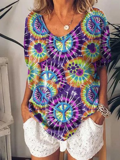 

Tie-dye printed casual T-shirt, Purple, T-Shirts