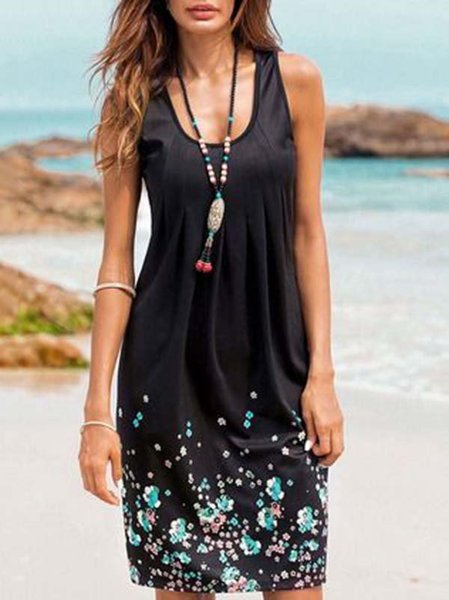

Floral-print Cotton-Blend Sleeveless Casual Knitting Dress, Black, Midi Dresses
